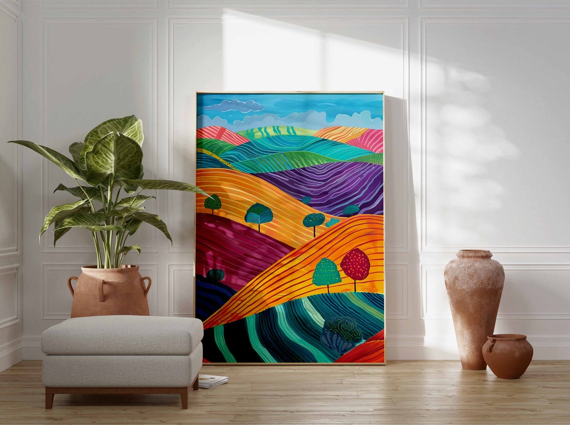 Rainbow Striped Rolling Hills Whimsical Landscape Art Print Wall Decor - Image 3