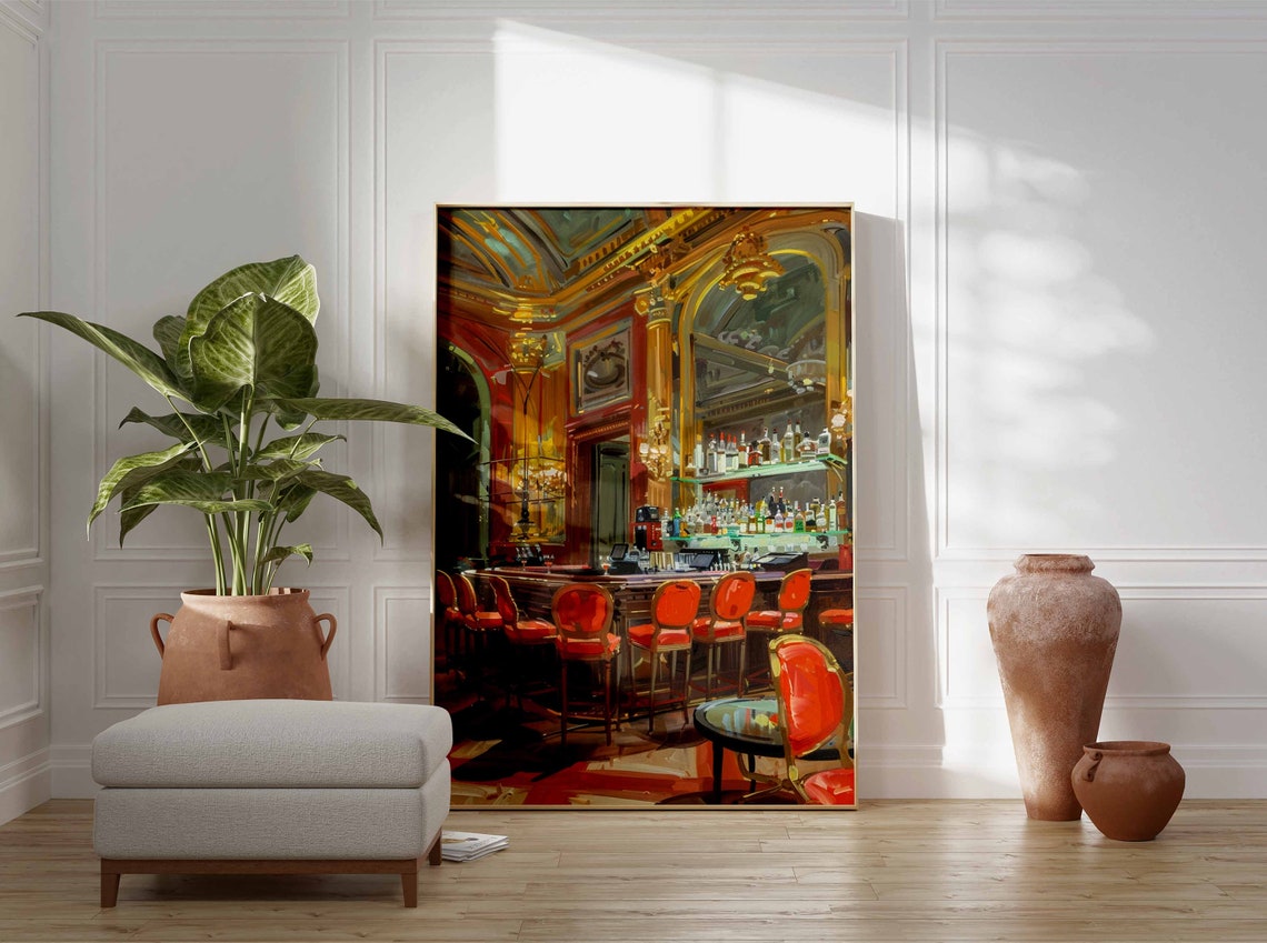 Golden Casino Bar Red Stools Bottles Glam Interior Art Poster - Image 3