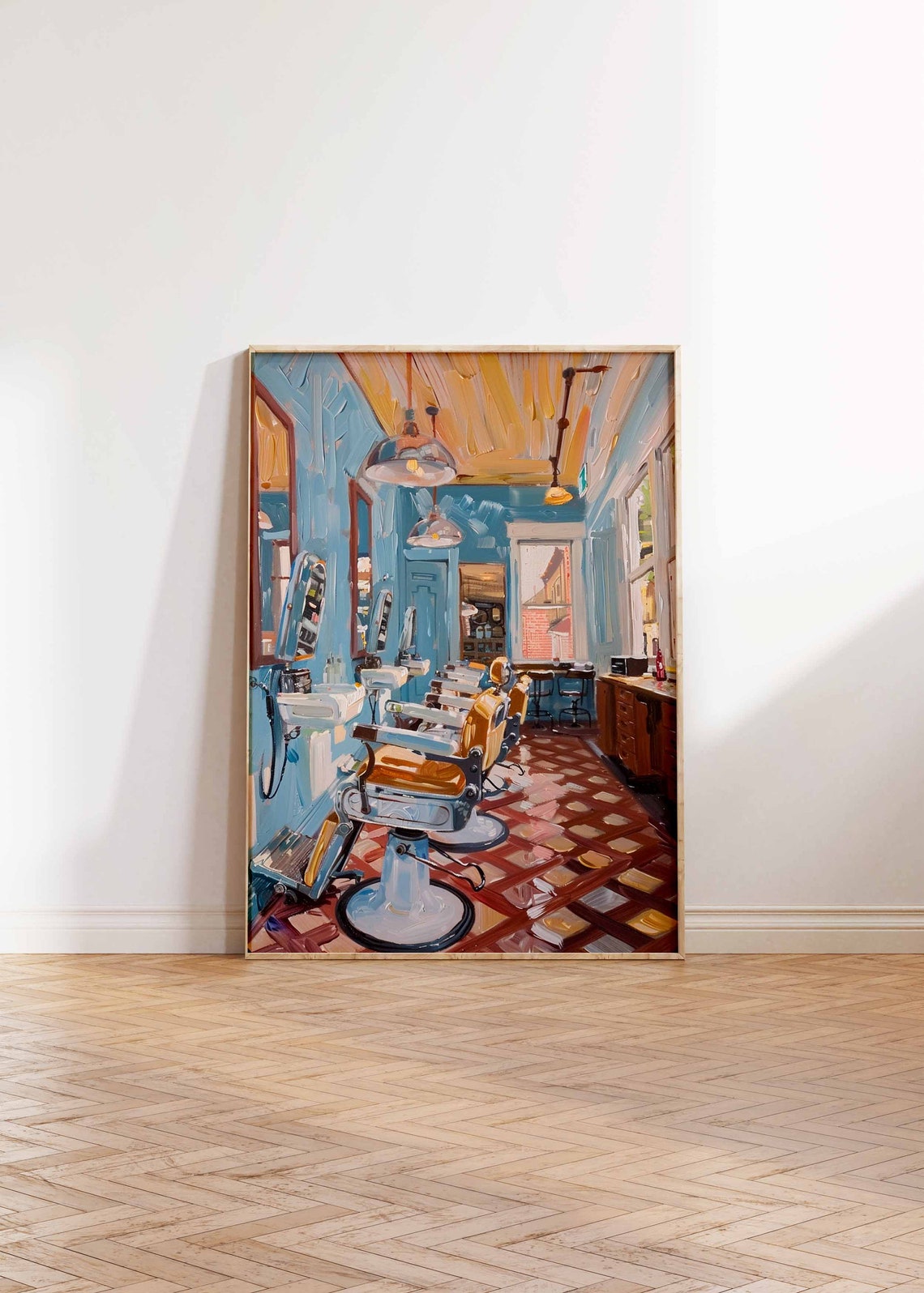 Sky Blue Barbershop Tan Chairs Retro Salon Interior Wall Art - Image 2