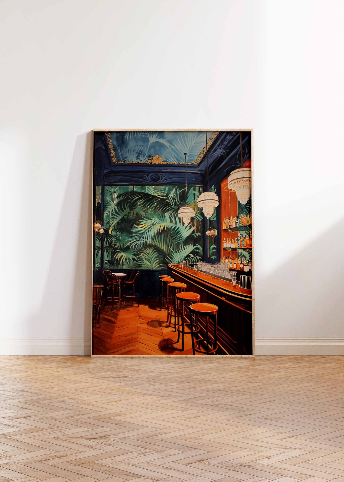 Tropical Palm Bar Interior Lounge Chandelier Oil Painting Poster - Image 2