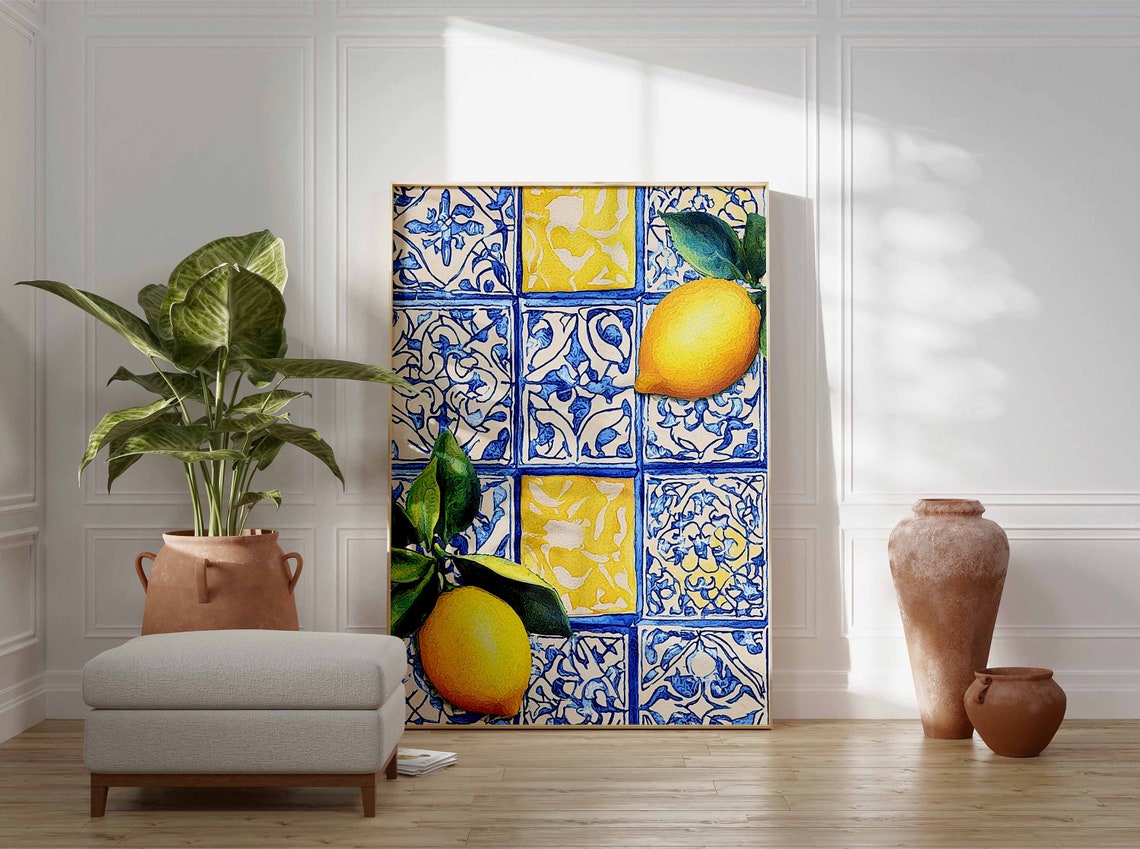 Retro Blue White Tile Lemon Branch Citrus Kitchen Tropical Poster - Image 3