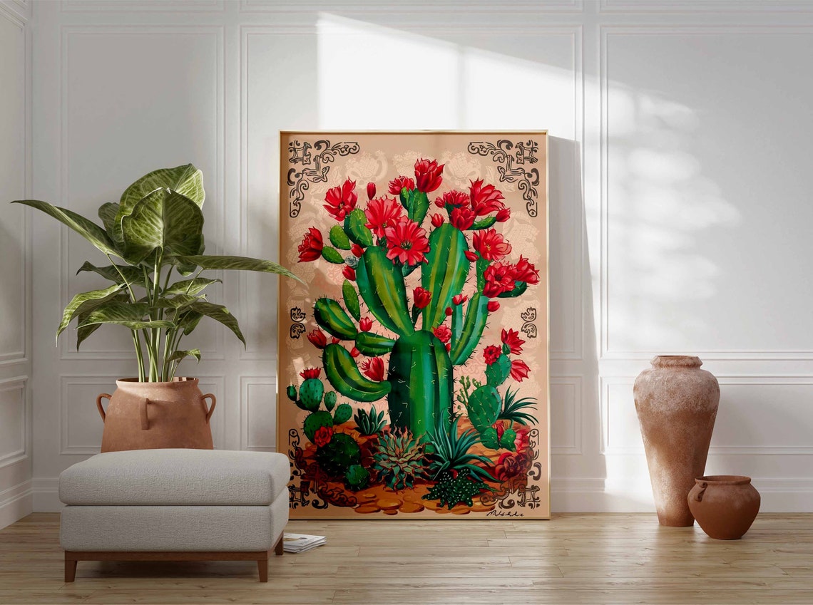 Prickly Pear Cactus Red Flowers Vintage Botanical Art Poster - Image 2