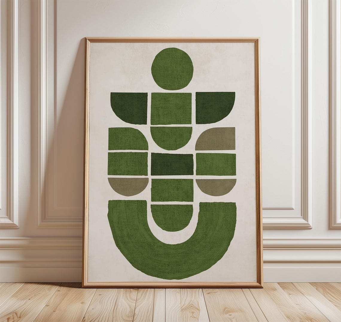 Olive Green Geometric Abstract Art Print Bauhaus Style Wall Decor