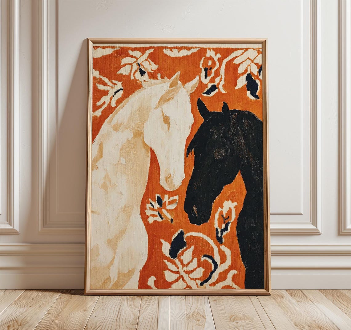 White and Black Horses Poster Equestrian Closeup Modern Decor Art
