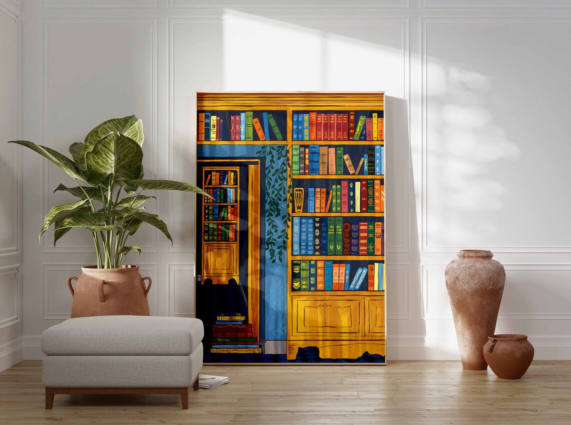 Library Doorway Poster with Golden Bookshelves and Secret Wooden Door - Image 3