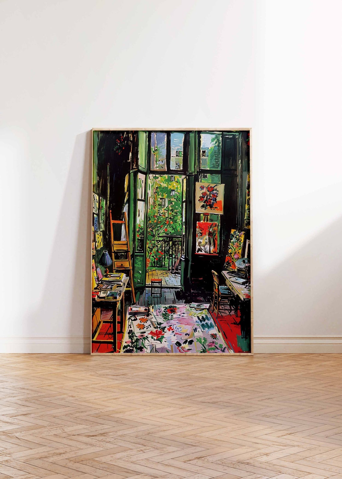Dark Artist Studio with Garden Facing French Windows Rug Poster - Image 2