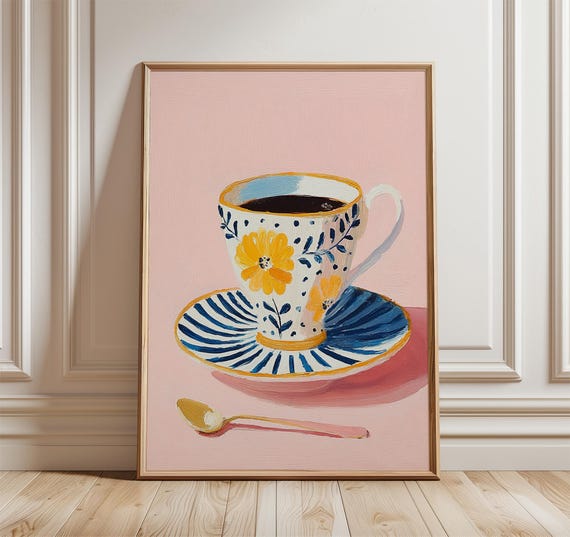 Floral Coffee Cup Art Print, Modern Still Life
