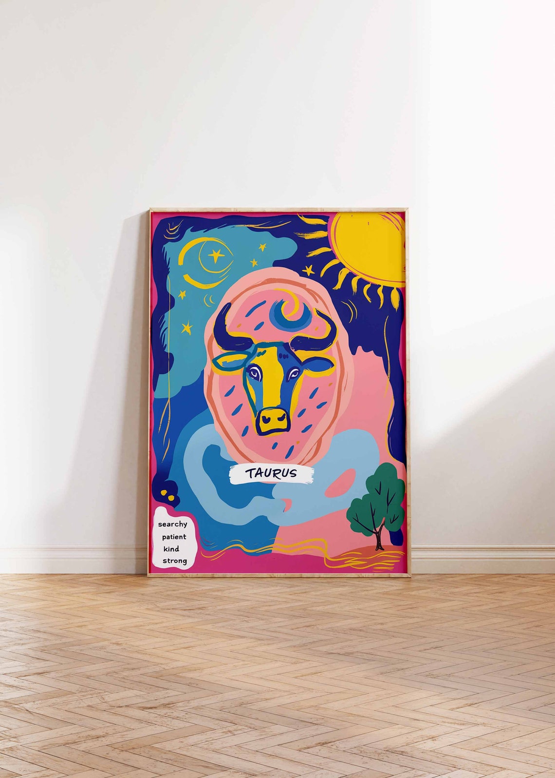 Taurus Zodiac Bull Colorful Pink Blue Celestial Star Sign Poster - Image 2