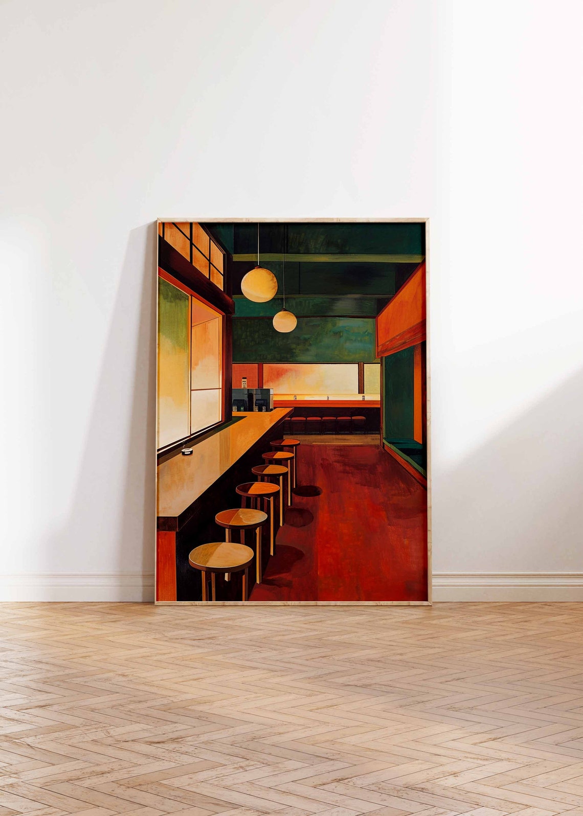 Japanese Sushi Bar Interior Moody Green Red Restaurant Art Poster - Image 3