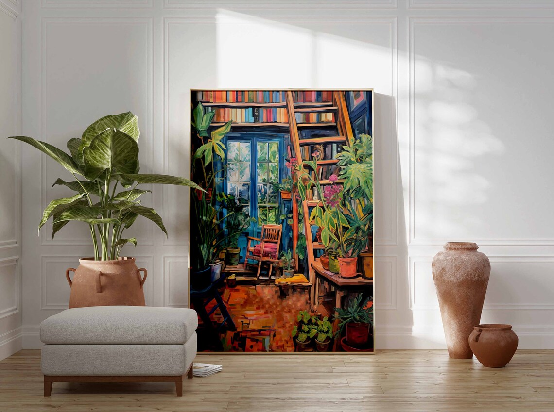 Cozy Library Interior Bookshelf Reading Nook Plant Filled Art Poster - Image 2