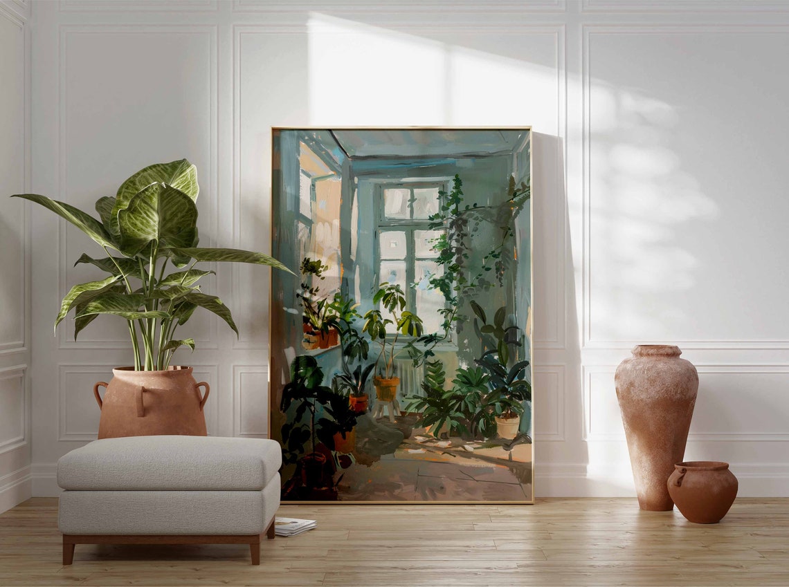 Sunlit Room with Potted Plants Impressionist Vintage Botanical Poster - Image 2