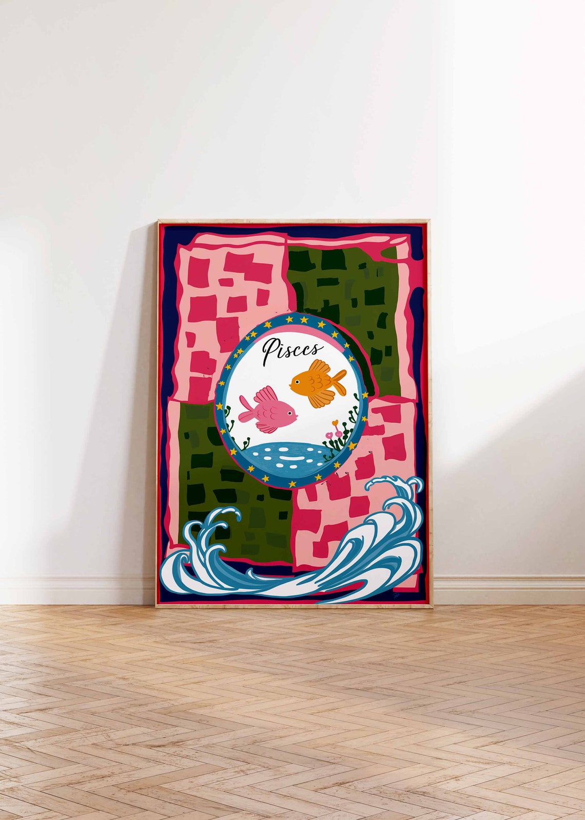 Pisces Zodiac Two Fish Pink Checkered Waves Celestial Art Poster - Image 2