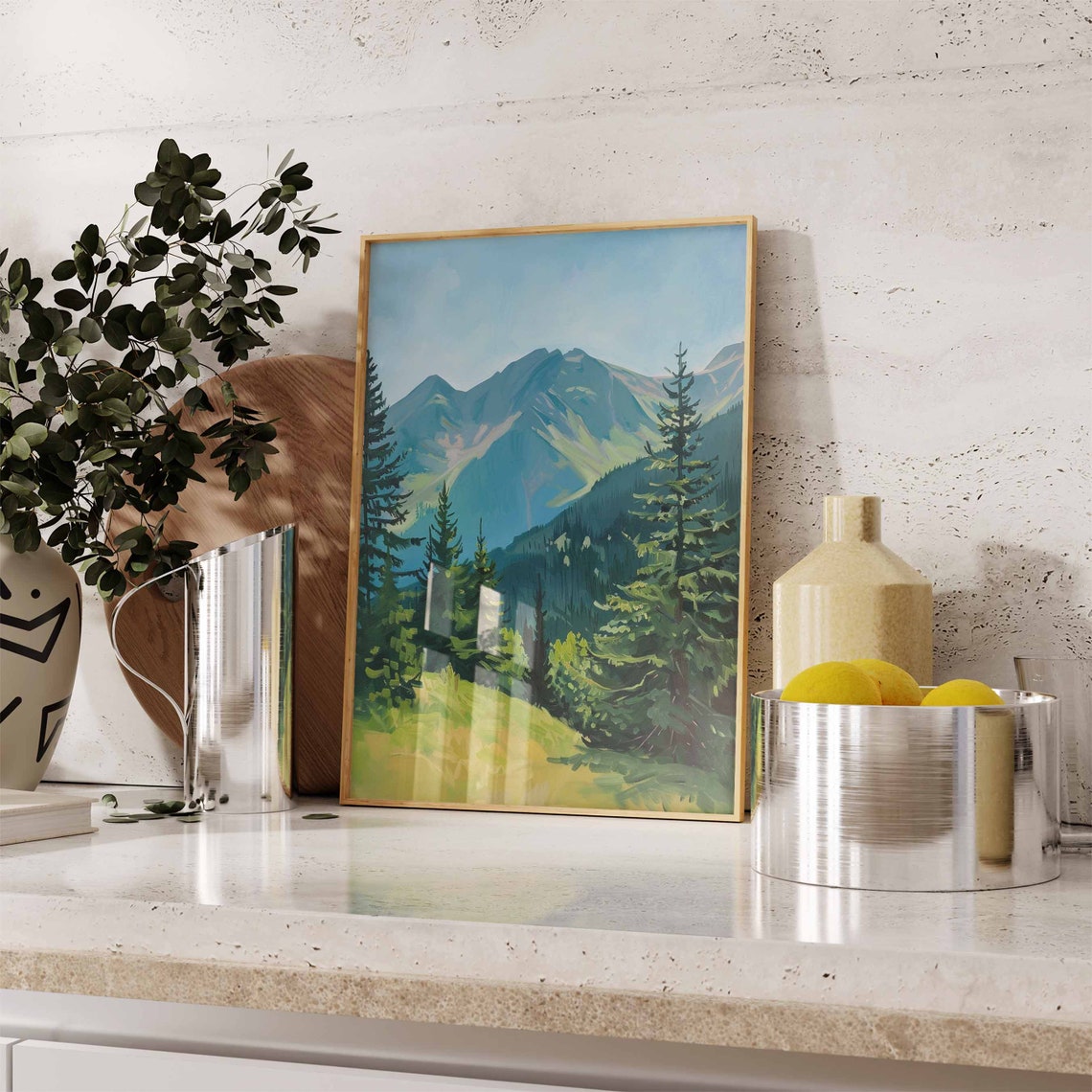 Alpine Mountain Pines Landscape Art Print Forest Painting Decor - Image 2