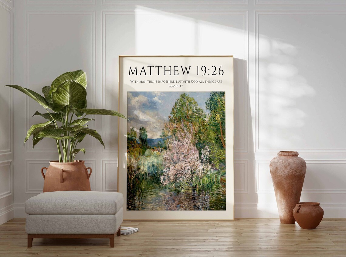 Matthew 19:26 Bible Verse Blossom Tree River Monet Style Christian Art Poster - Image 2