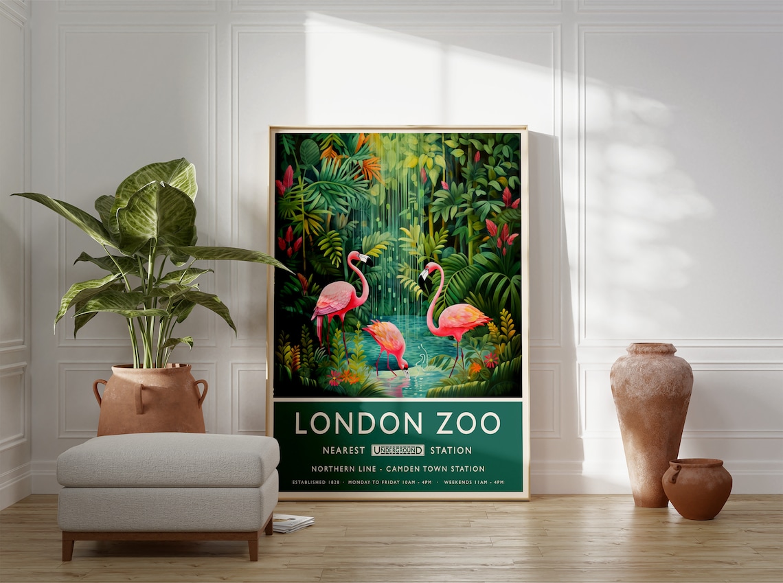 London Zoo Flamingos Tropical Jungle Retro Travel Decor Poster - Image 2