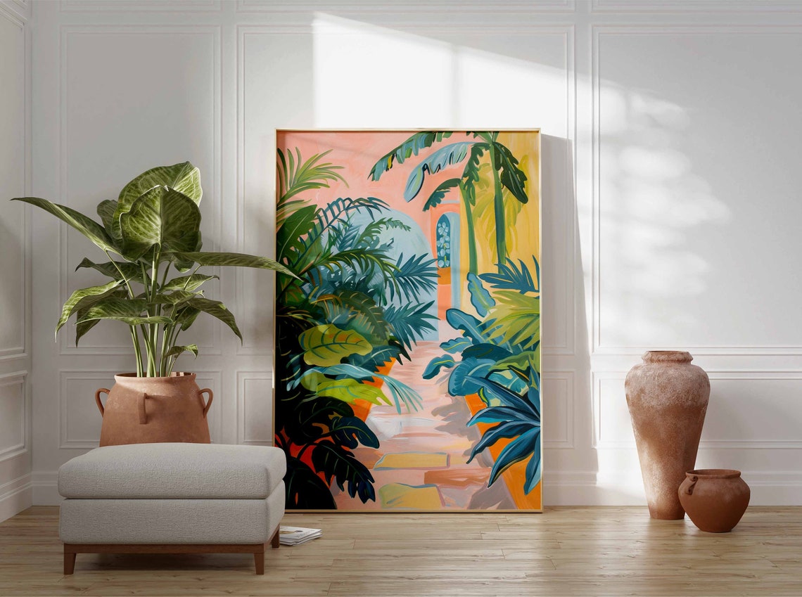 Tropical Garden Path Lush Foliage Peach Botanical Painted Art Print - Image 2