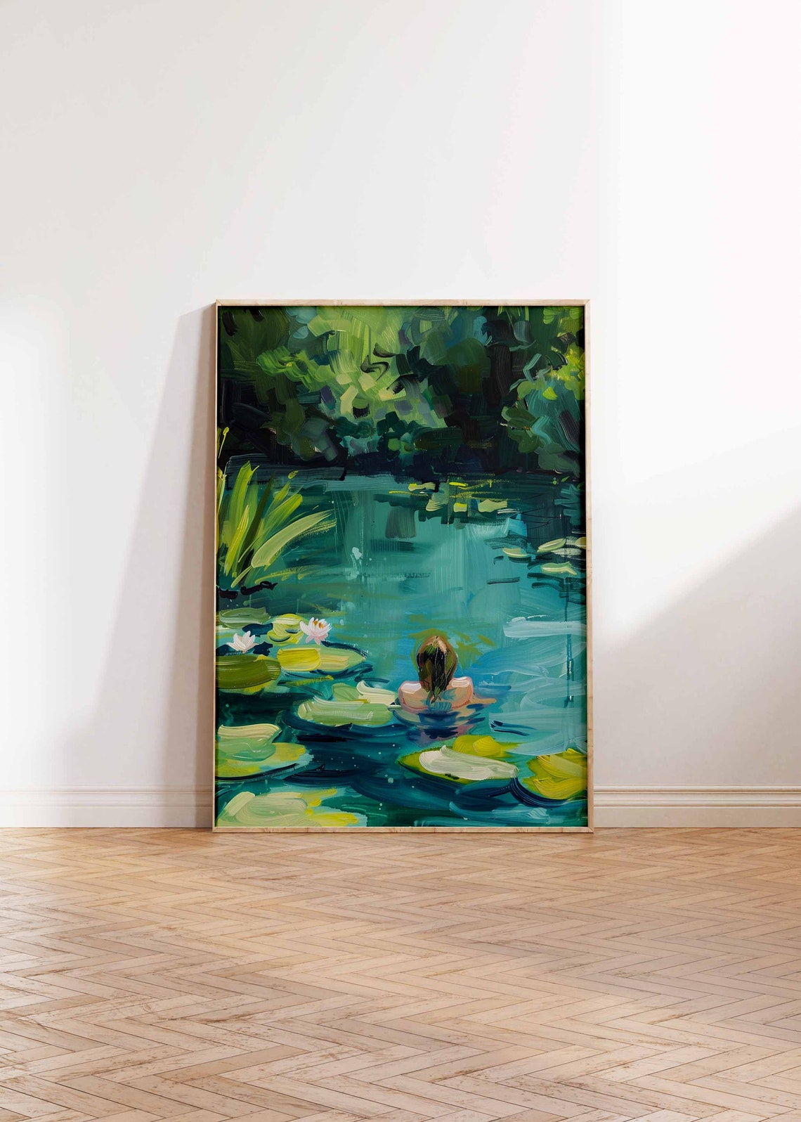 Woman Swimming Among Water Lilies Green Pond Painting Poster - Image 3