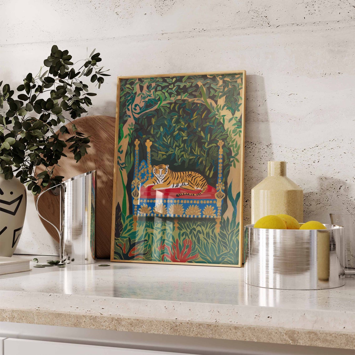 Tiger Resting on Red Throne Bed in Lush Green Jungle Art Poster - Image 2