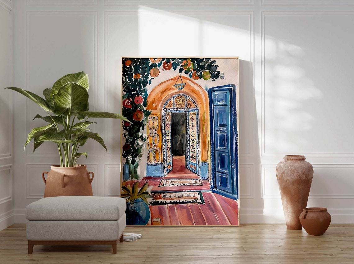 Mediterranean Arched Doorway With Blue Shutters Watercolor Art Poster - Image 2
