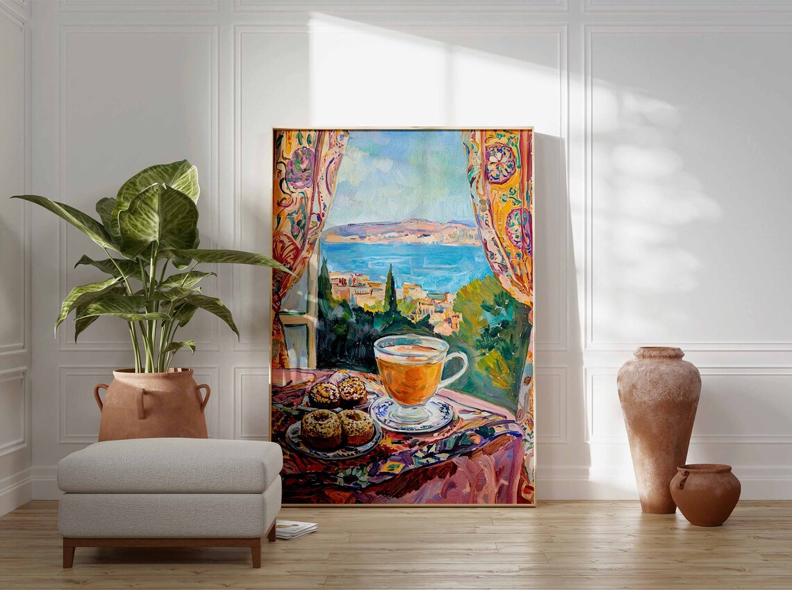 Tea and Pastries by the Sea Fauvist Window View Still Life Art Poster - Image 3