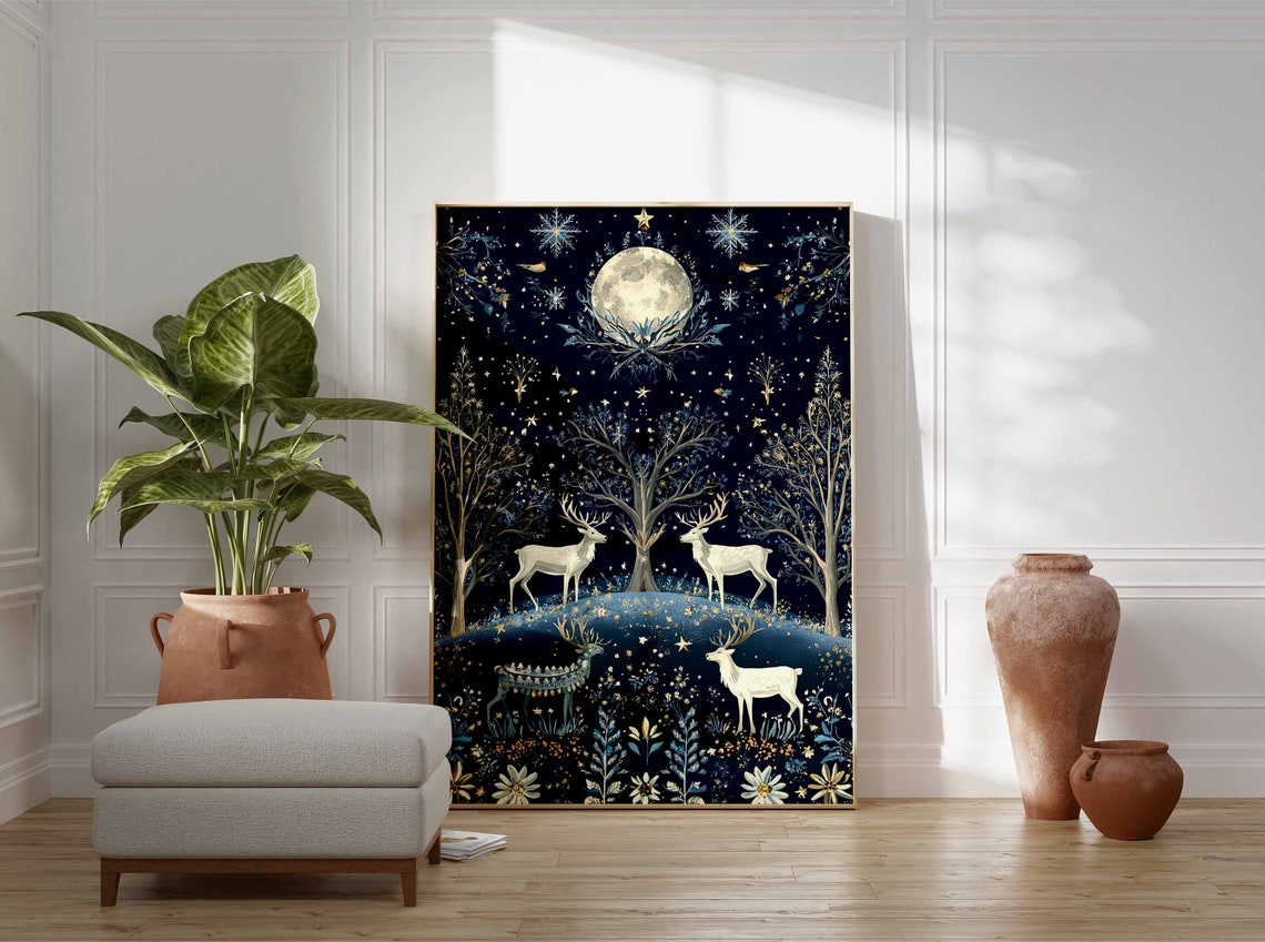 Full Moon Night With White Deer In Starry Winter Forest Poster - Image 3