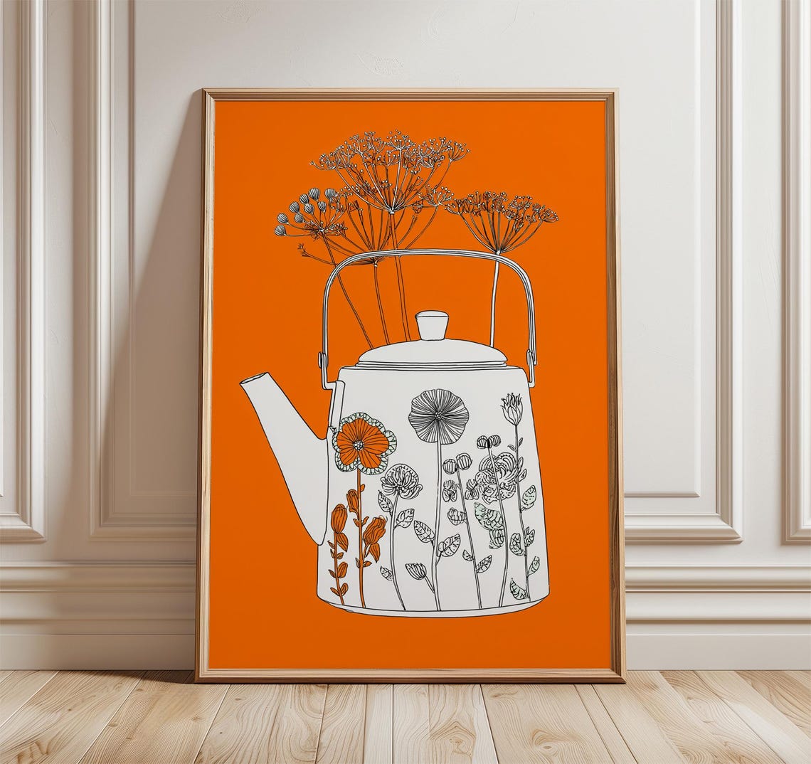White Teapot Wildflower Bouquet Bold Orange Kitchen Art Poster