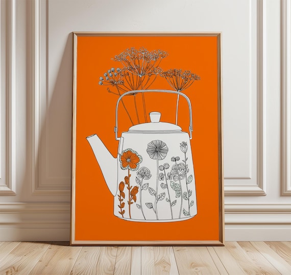 White Teapot Wildflower Bouquet Bold Orange Kitchen Art Poster