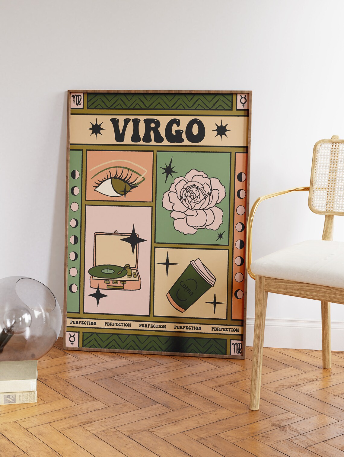 Virgo Zodiac Tarot Card Style Eye Flower Record Player Wall Art - Image 3