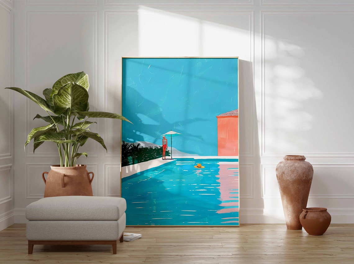 Minimalist Swimmer Red Swimsuit Turquoise Pool Summer Art Poster - Image 2