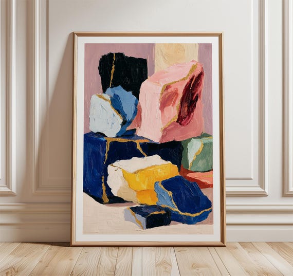 Abstract Gemstone Blocks Poster Modern Colorful Wall Art Textured Oil Painting Print Contemporary Home Decor
