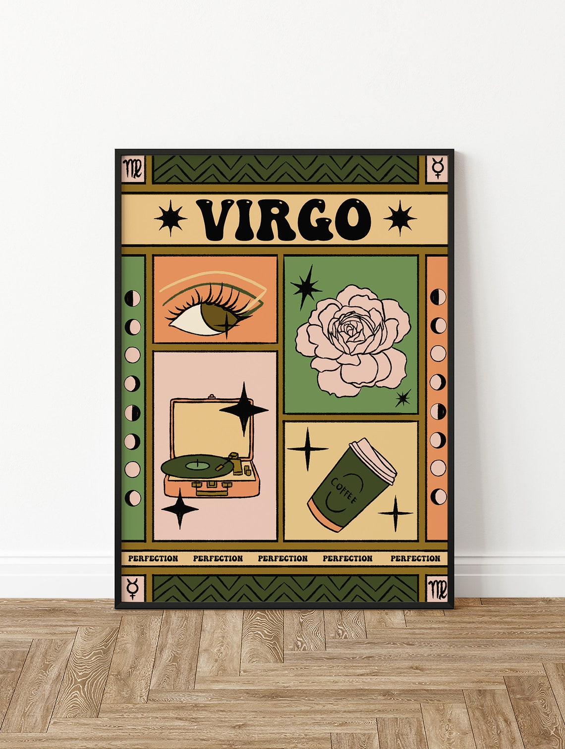 Virgo Zodiac Tarot Card Style Eye Flower Record Player Wall Art - Image 2