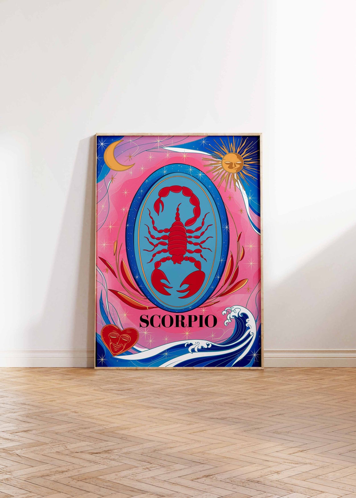 Scorpio Zodiac Scorpion Pink Blue Oval Sun Moon Wave Art Poster - Image 2