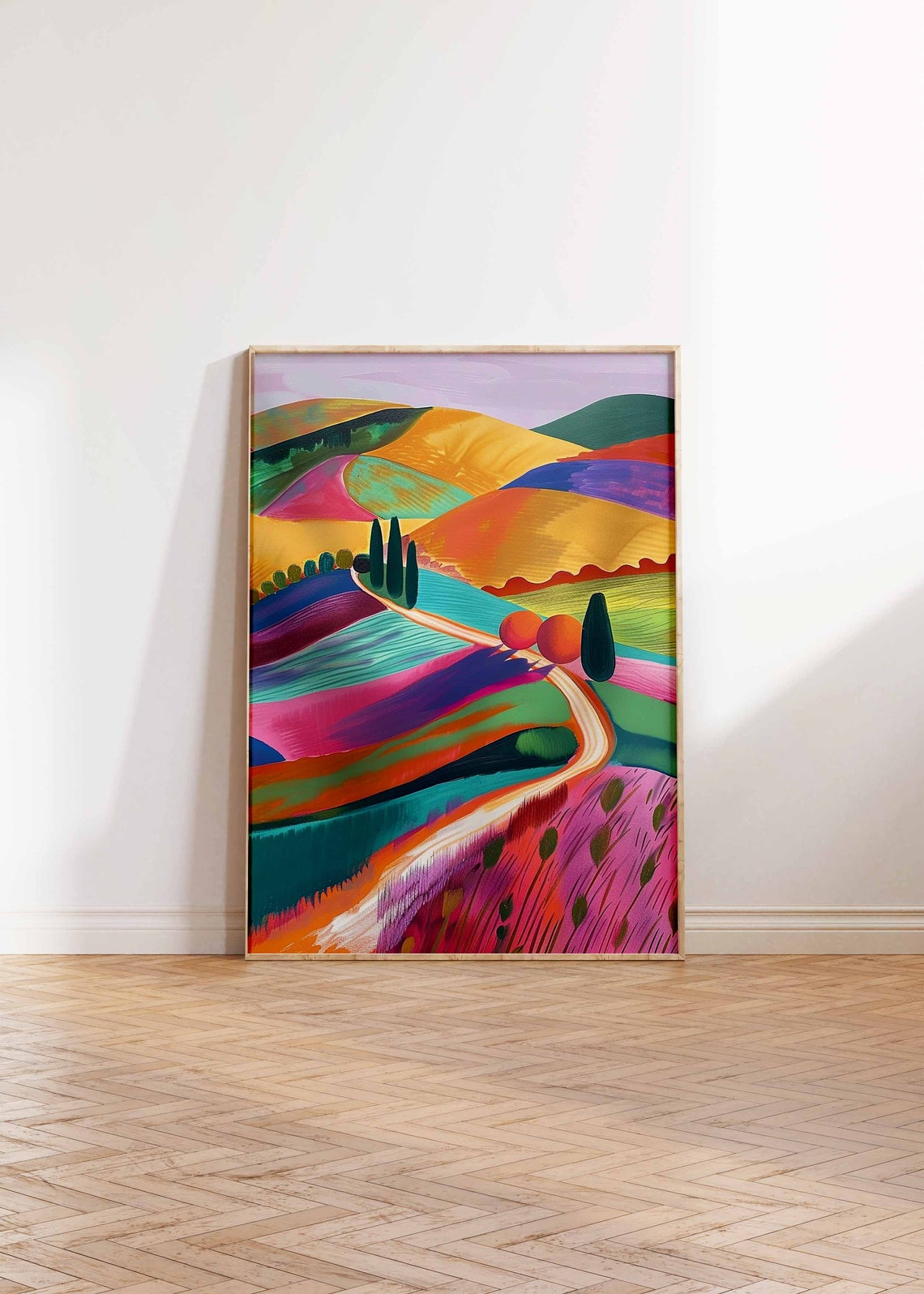 Colorful Valley Cypress Trees Curving Road Landscape Art Print - Image 2
