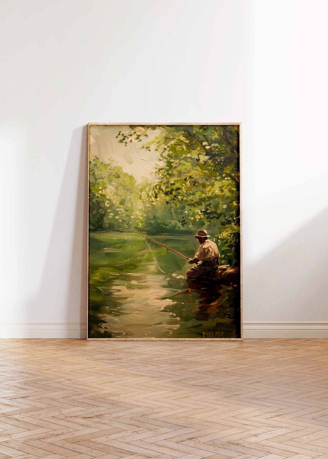 Vintage Oil Painting Man Fly Fishing by Green River Art Poster - Image 3