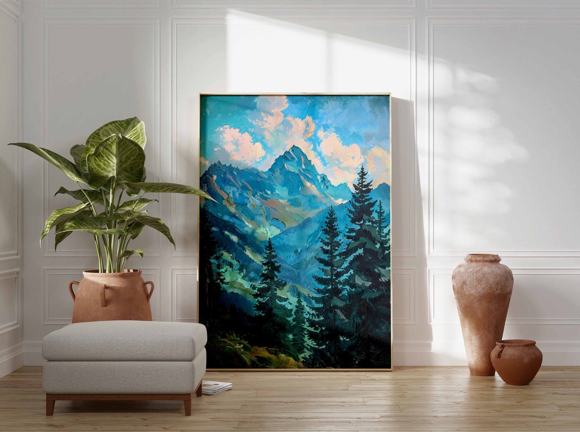 Dramatic Blue Mountain Peak Pink Sunset Clouds Pine Forest Print - Image 3