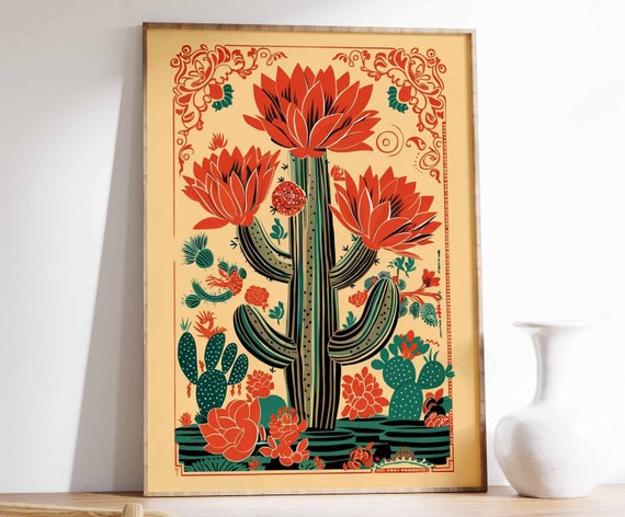 Vintage Mexican Cactus Bloom Folk Art Botanical Desert Poster