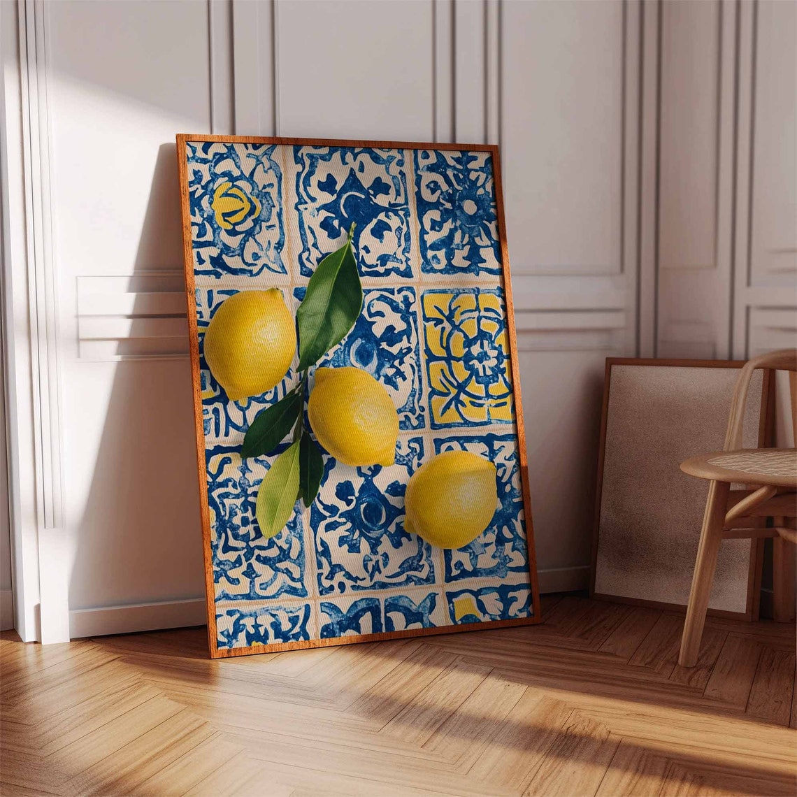 Bright Fresh Three Lemons with Leaves Blue Tile Citrus Art Poster - Image 2