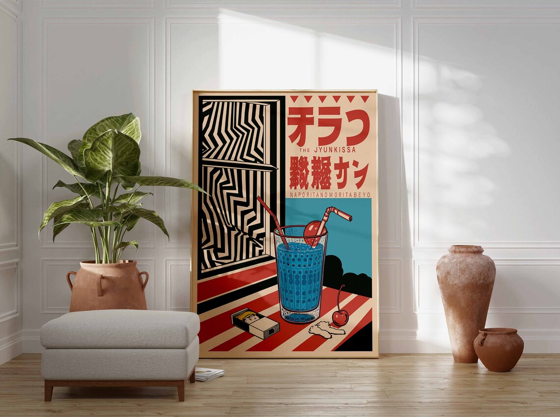 Retro Japanese Cafe Blue Soda Drink Jyunkissa Vintage Kitchen Bar Wall Art - Image 3