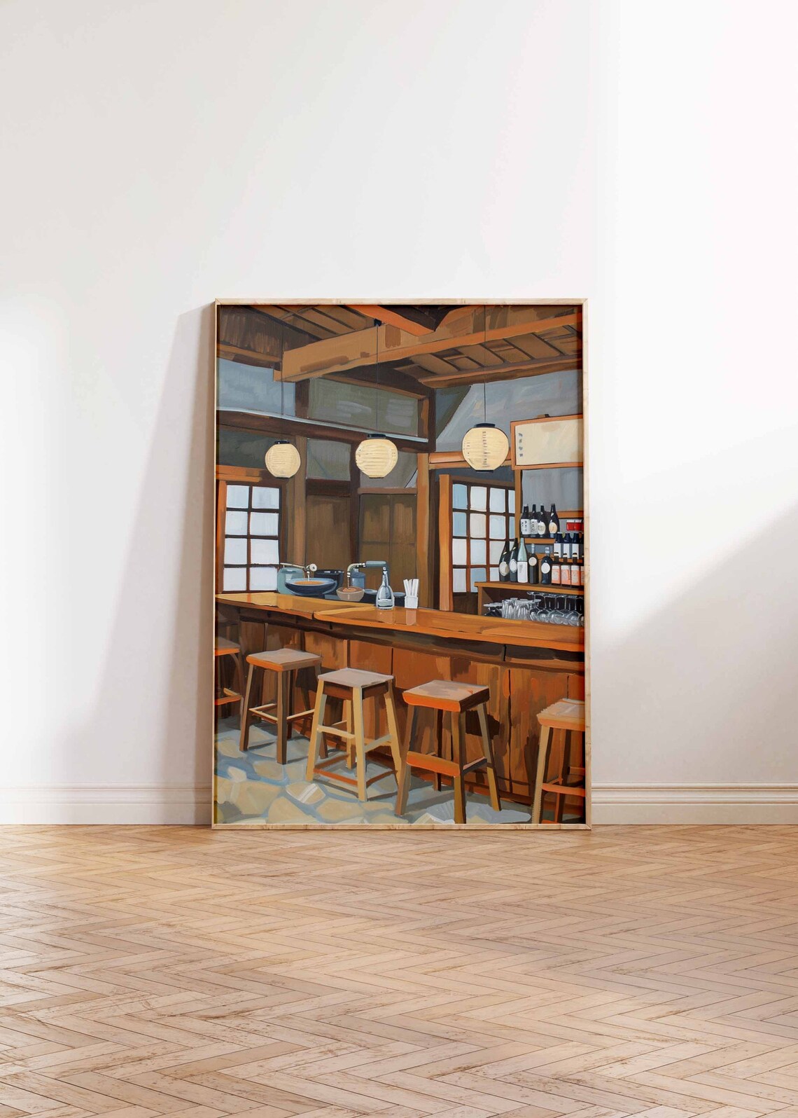 Rustic Japanese Bar Wooden Stools Paper Lanterns Bottles Painting Poster - Image 2