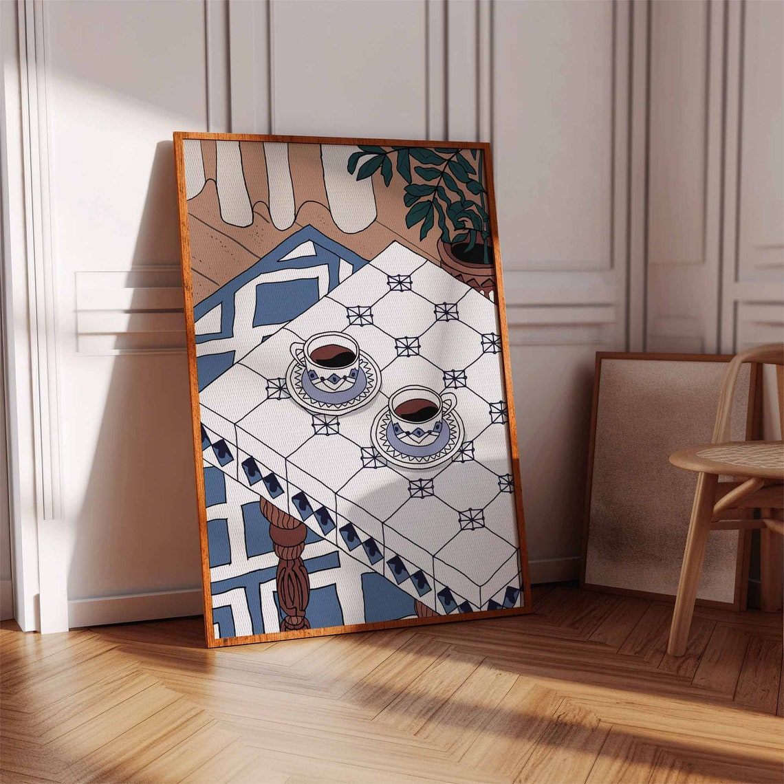 Warm Cozy Espresso Cups on Blue and White Tiled Table Art Poster - Image 2