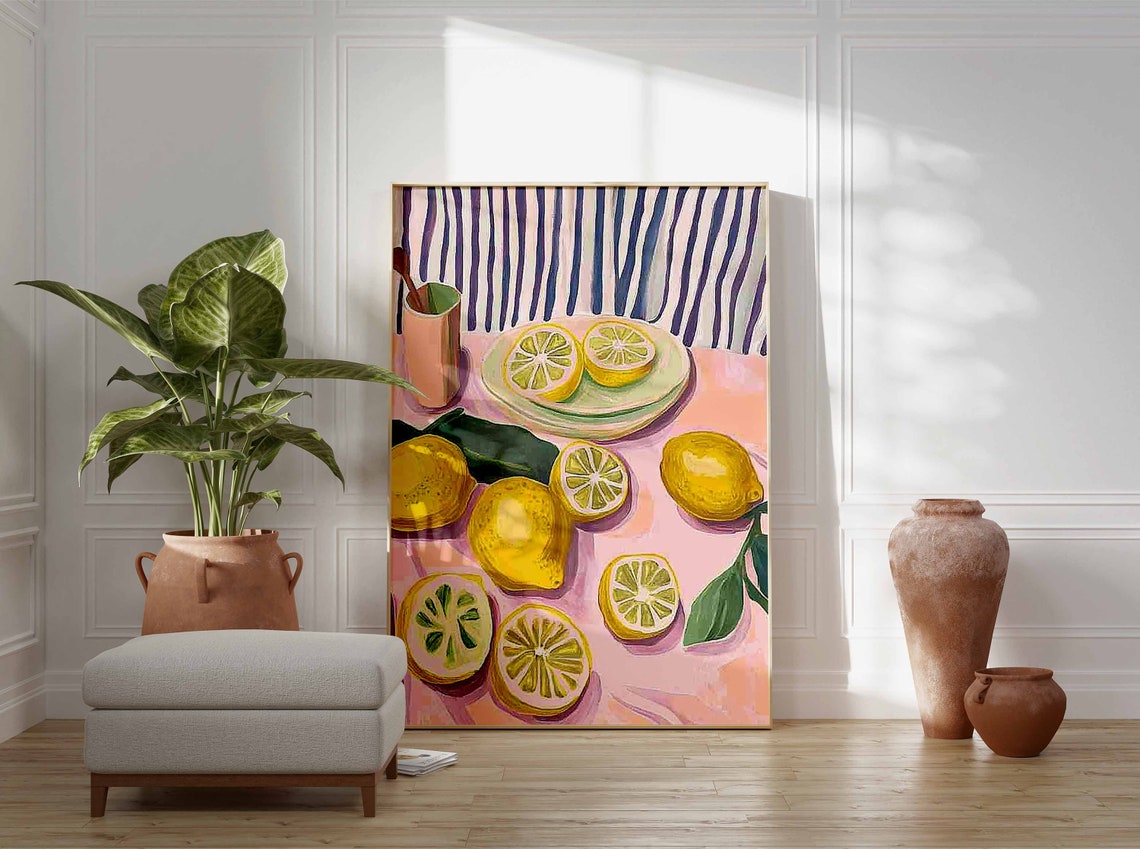 Pink Tablecloth Lemon Still Life Colorful Kitchen Decor Poster - Image 3