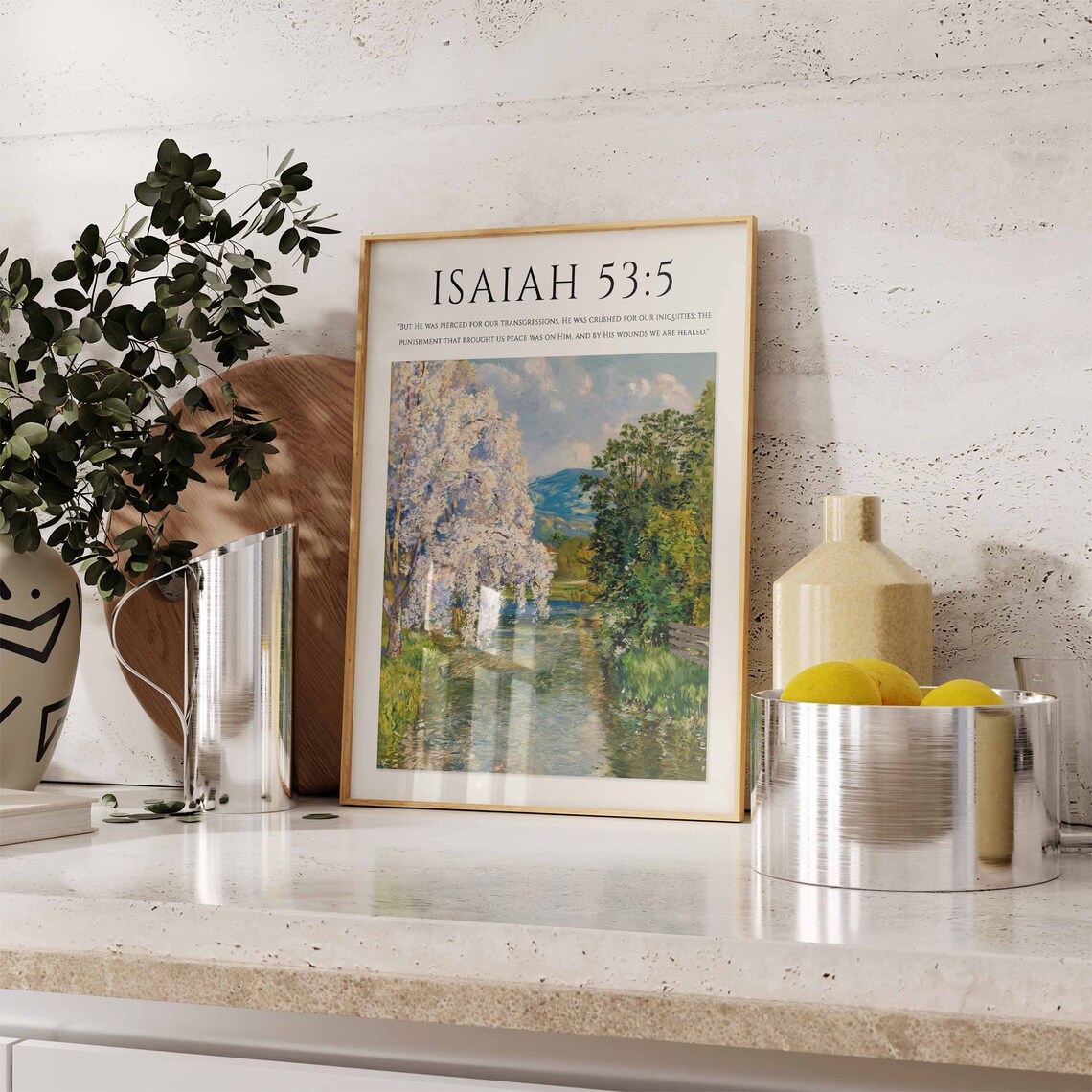 Isaiah 53:5 Bible Verse Blossom Tree Stream Monet Style Christian Art Poster - Image 3