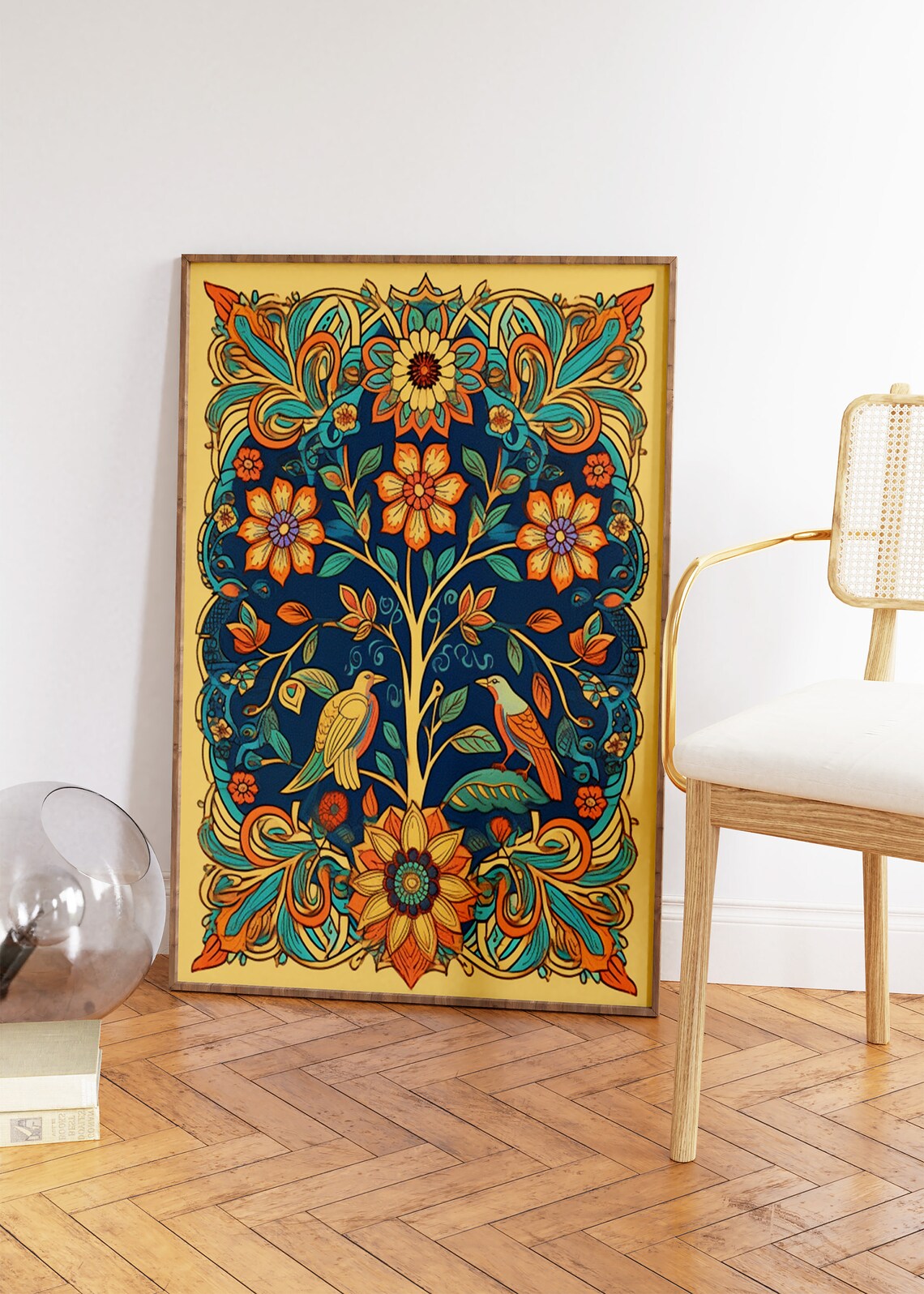 Indian Tree Of Life Floral Birds Golden Navy Border Folk Art Poster - Image 2