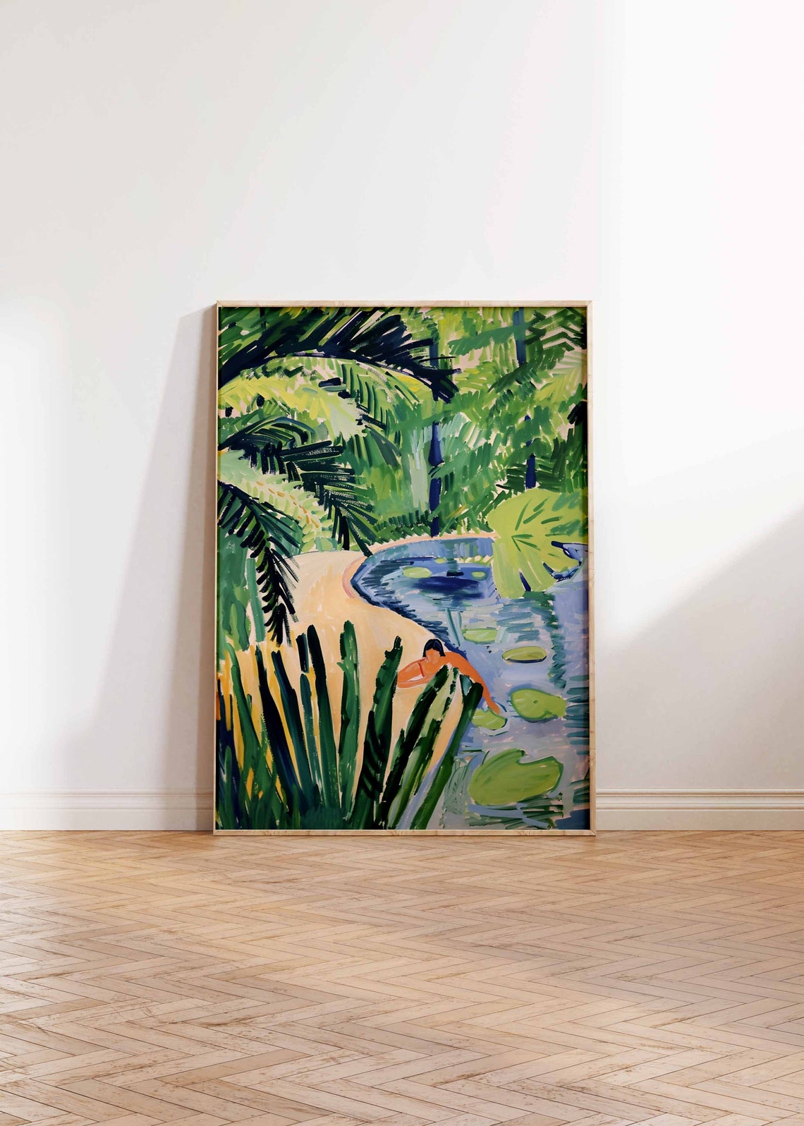Woman Diving into Blue Lily Pond with Palm Fronds Art Poster - Image 3