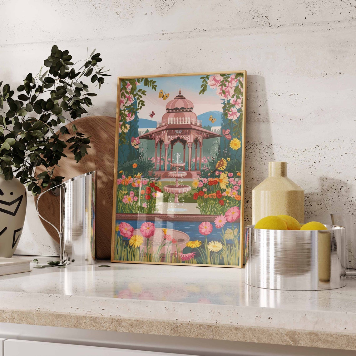 Indian Pavilion Butterfly Garden Fountain Traditional Poster - Image 3