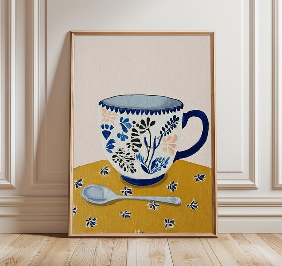 Blue Floral Teacup Watercolor Mustard Table Kitchen Wall Art