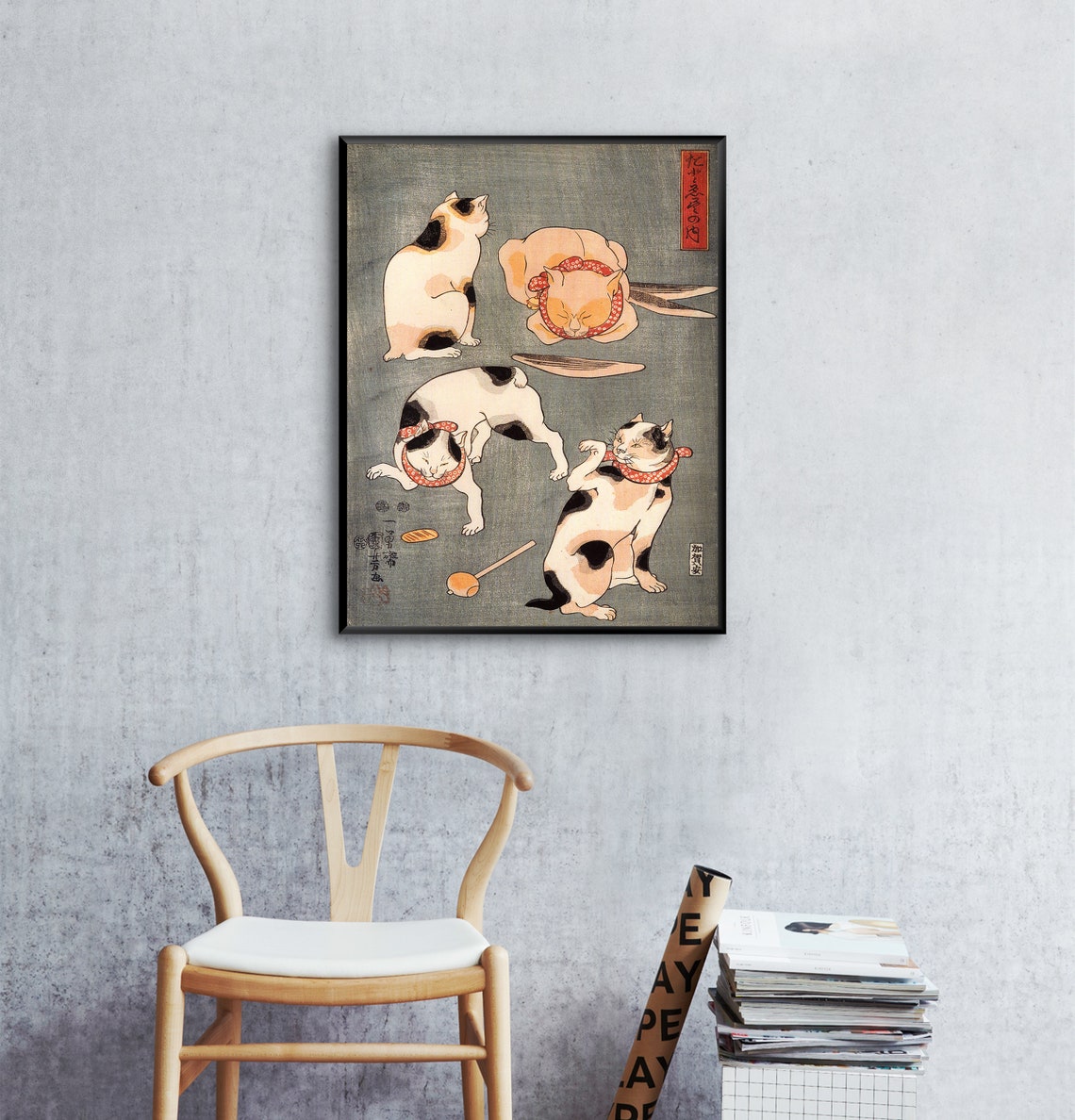 Japanese Cats Utagawa Kuniyoshi Style Four Cats Woodblock Art Poster - Image 2