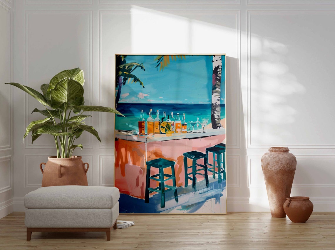 Tropical Beach Bar Ocean View Painted Coral Counter Teal Stools Poster - Image 3