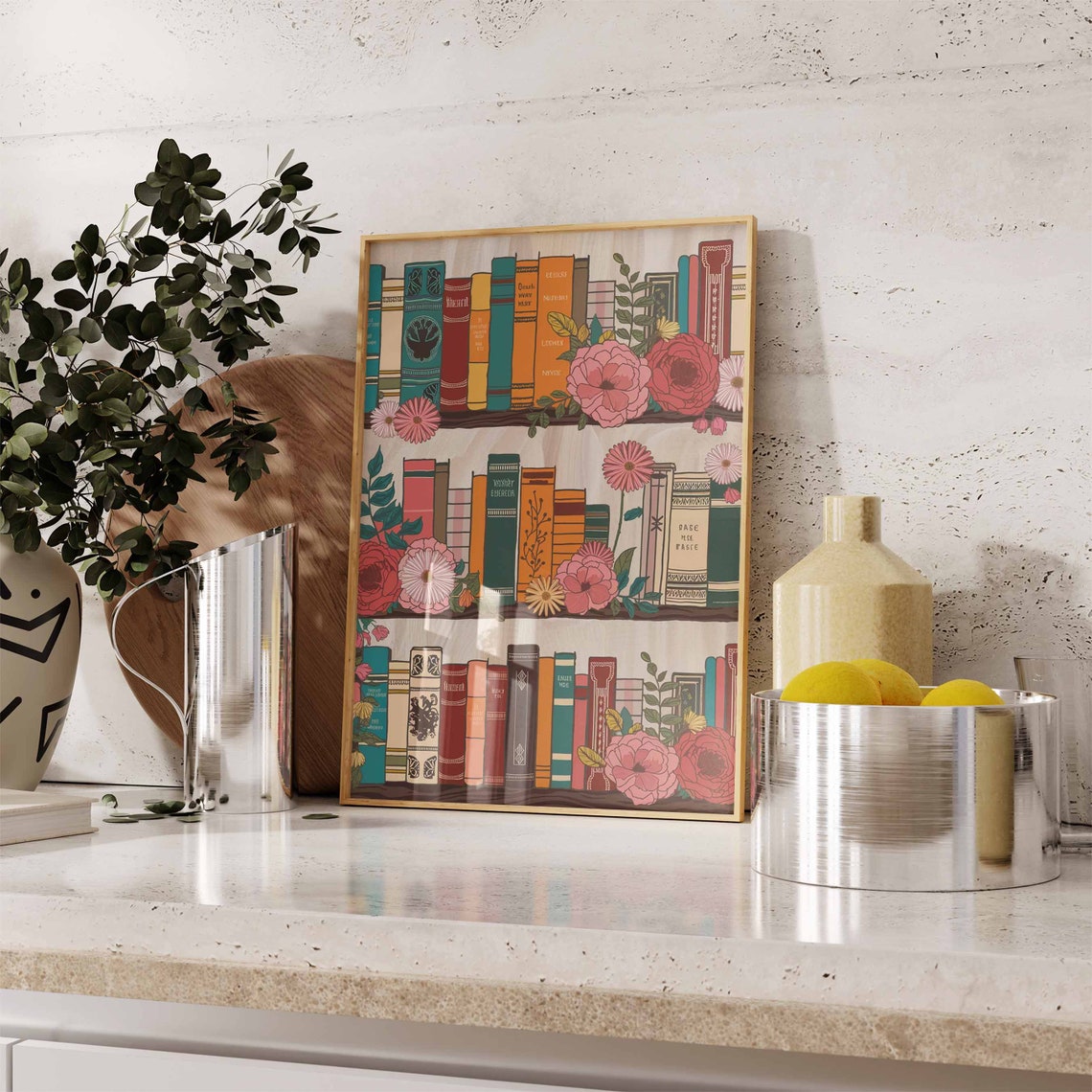 Wooden Bookshelf with Red Roses Vintage Reading Room Art Poster - Image 2