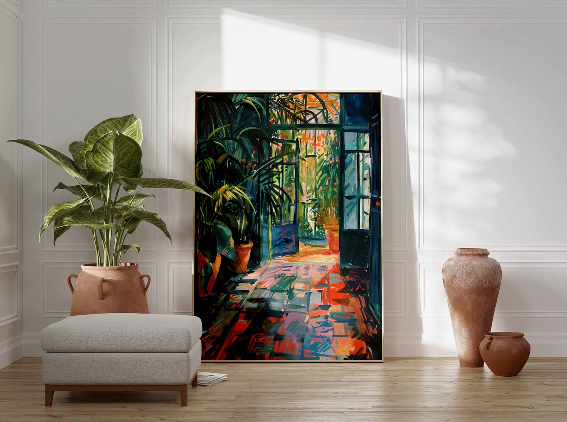 Moody Night Greenhouse Dark Teal Tropical Foliage Painting Poster - Image 2